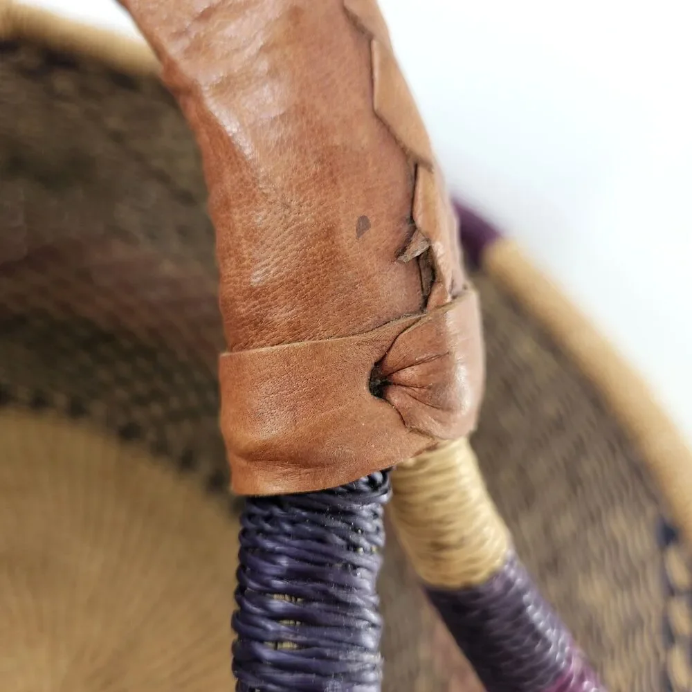Large‎ Hand Woven Natural African Market Basket Leather Handle 16” Reshapeable